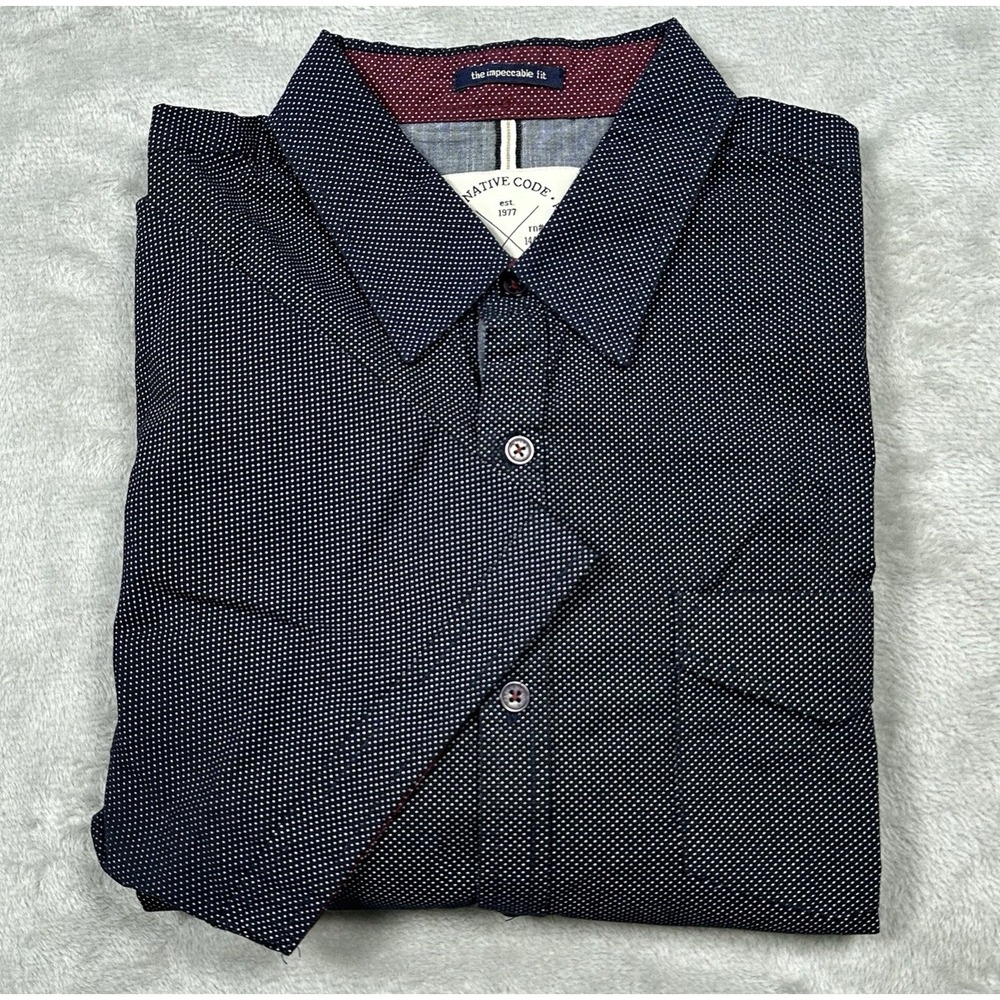 Native Code Men's L Button Up Shirt Navy White Micro‎ Dot Casual Business Cotton